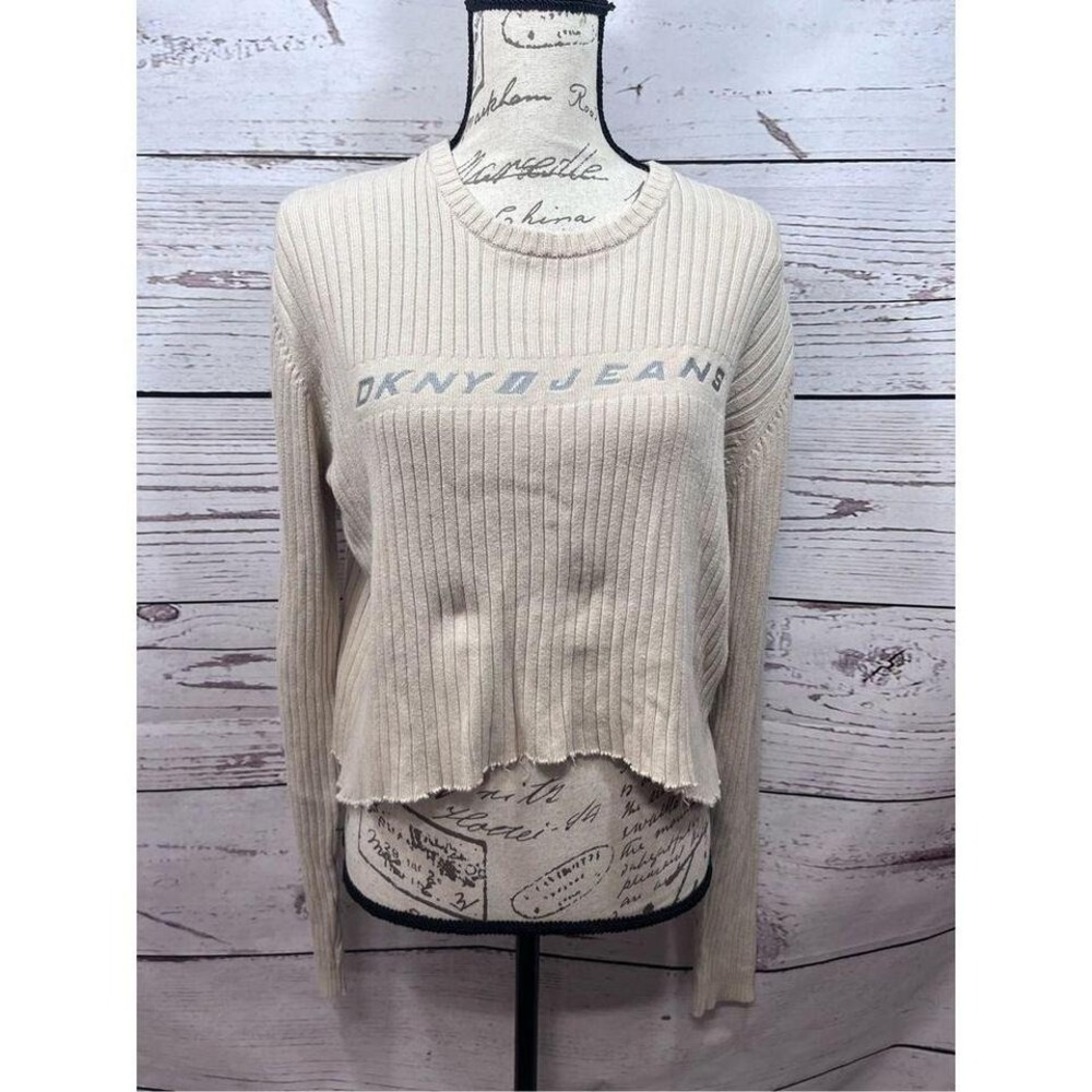 DKNY Jeans Cropped Ribbed Sweater Long Sleeve Crew Neck Beige‎ Size M